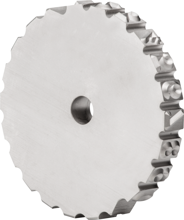 Rear view image of a steel striking wheel with engraved characters for precise and consistent marking