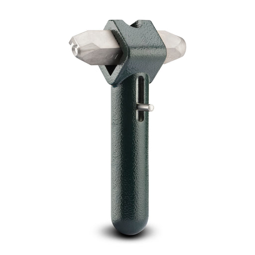 Picture of a dark green safety grip for steel stamp. The Safety steel grip has a steel stamp inserted into the holder.